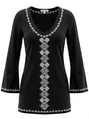 NWOT LOVESTITCH Black Scoop-Neck White Embroidery Boho Tunic Bell Sleeves, MED